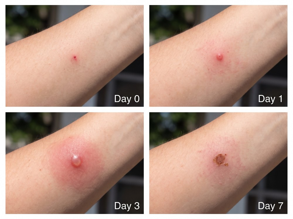 Side-by-side comparison photo labeled to show an assassin bug bite mark next to a kissing bug bite near the mouth